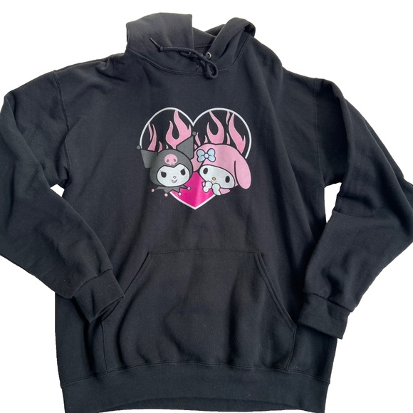 Sanrio Hoodie Size L Kuromi My Melody Pullover Sweatshirt Black Pink Heart - Picture 4 of 5